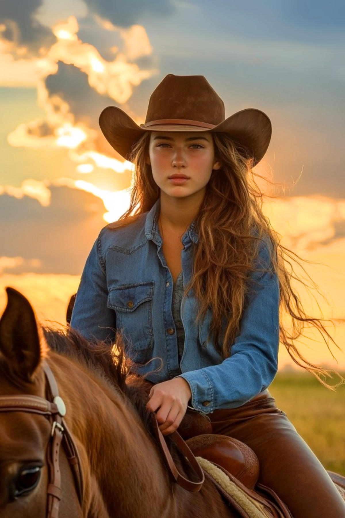 Custom portrait of woman on horseback at sunset in cowboy style