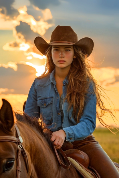 Custom portrait of woman on horseback at sunset in cowboy style