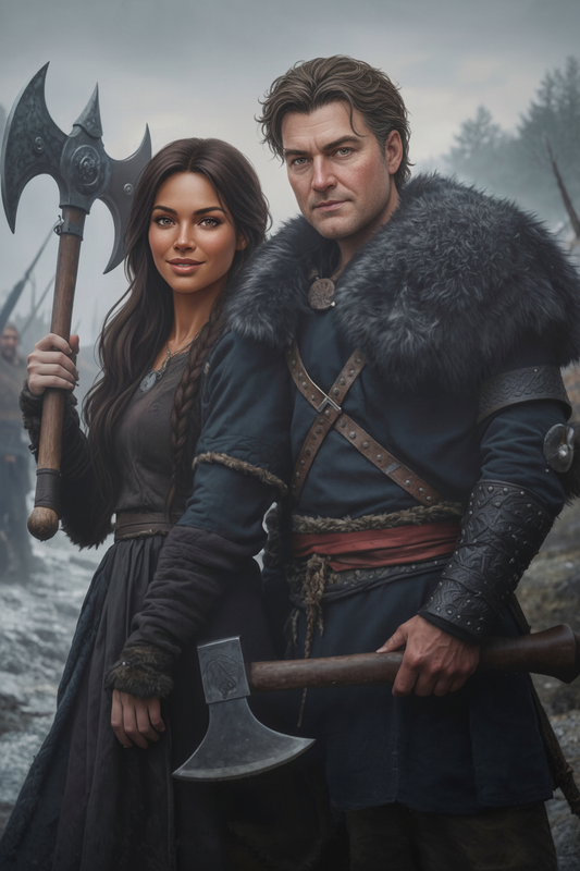 Custom Viking Warrior portrait with Middle-Earth theme, man and woman with axes