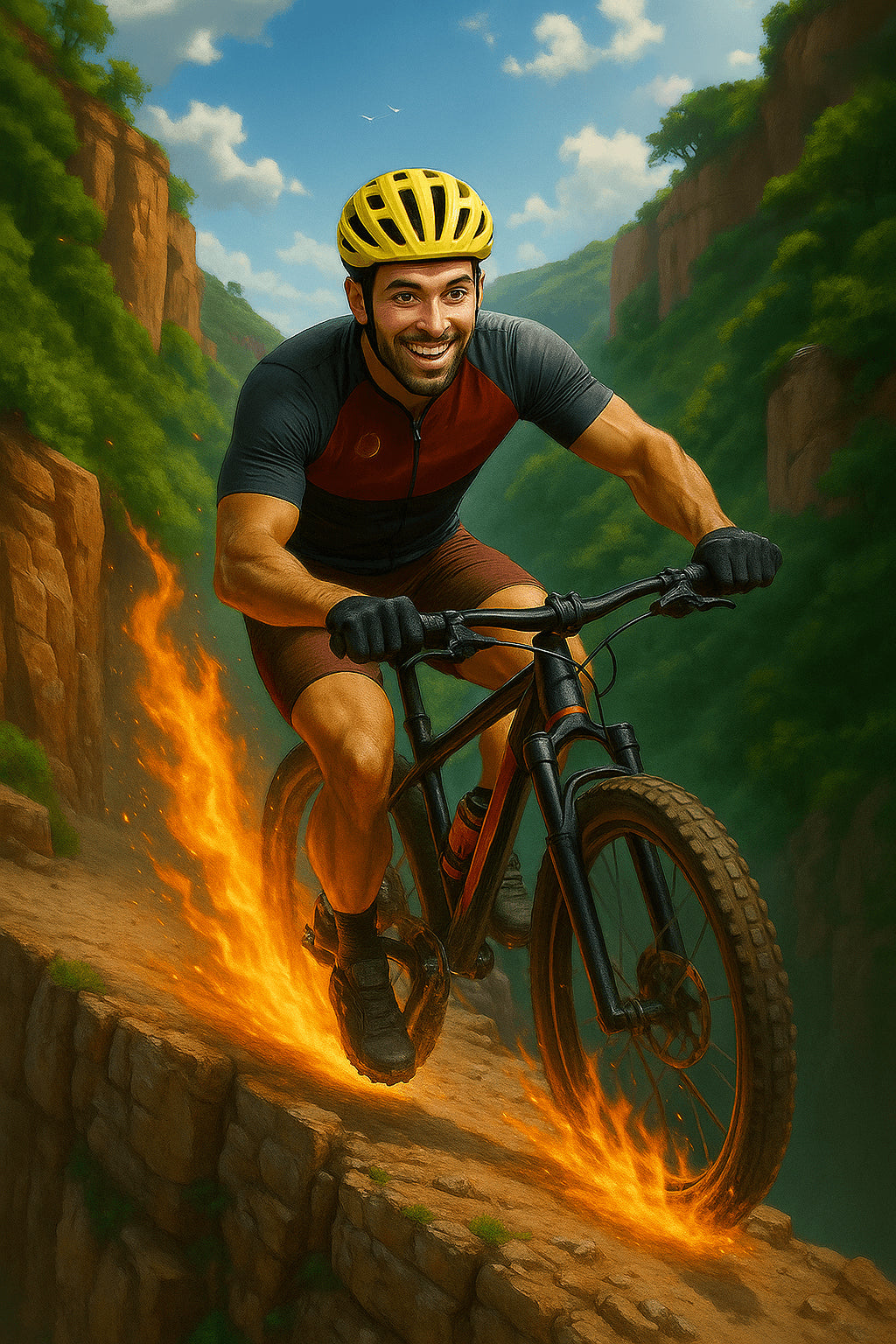 Custom portrait of an adventure cyclist, fantasy style, man portrait, unique personalized gift.