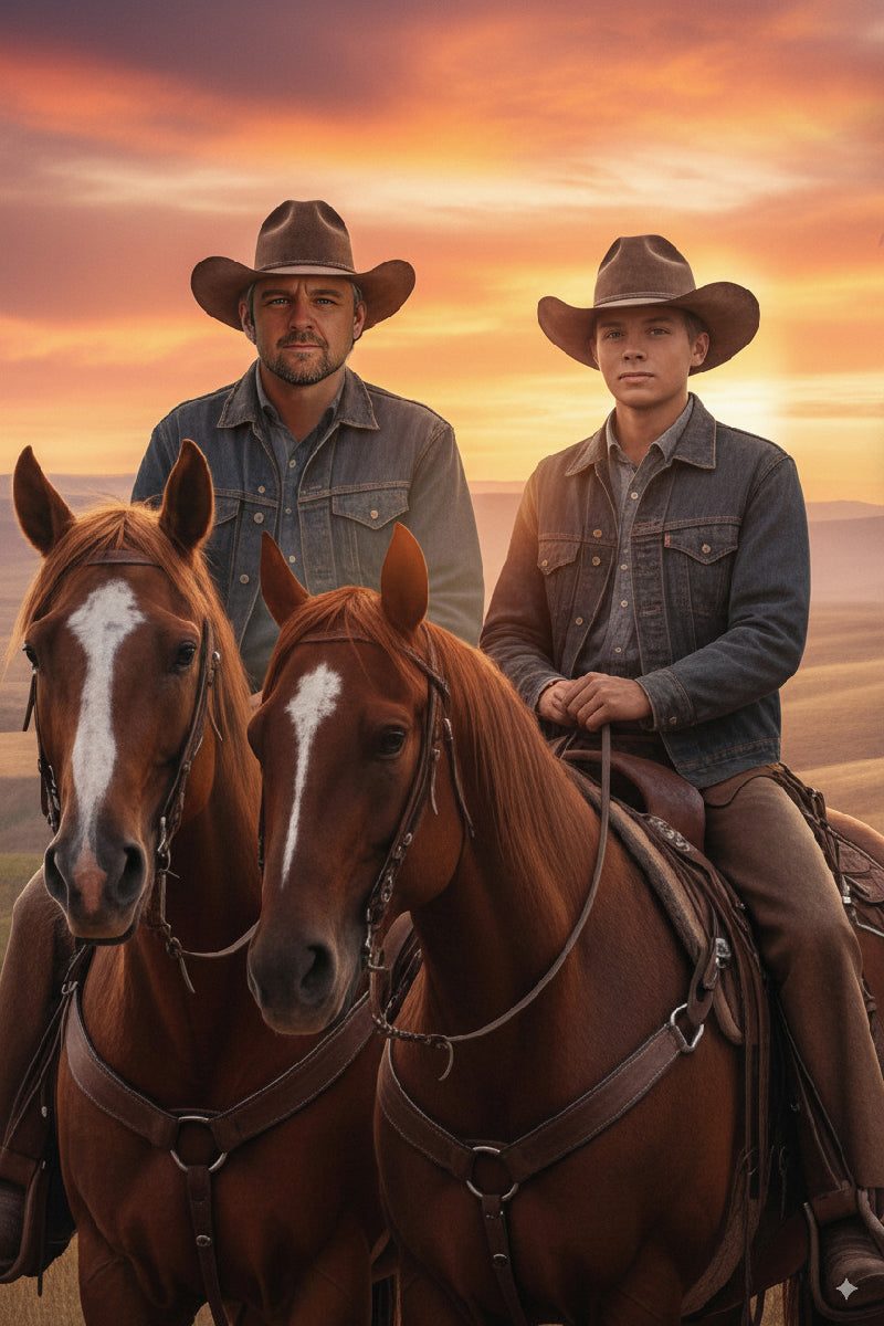 Custom fantasy style cowboy duo portrait, western theme