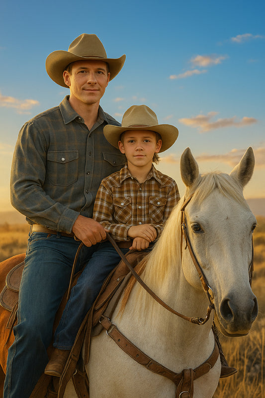 Custom father and son cowboy portrait, personalized art with instant preview
