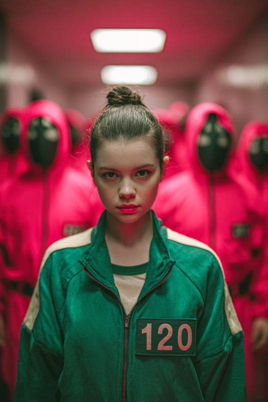 Squid Game female player inspired custom portrait from photo, personalized vertical illustration