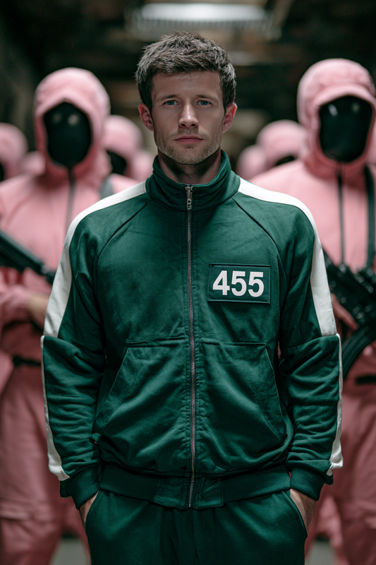 Squid Game player themed custom portrait from photo, with personalized style and unique vertical design