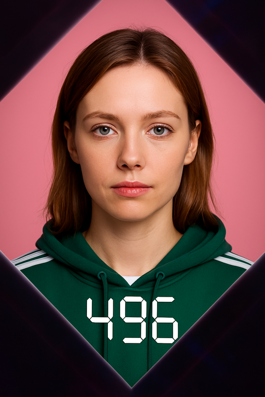 A woman Squid Game player custom portrait from photo with a vertical orientation, personalized gift style.