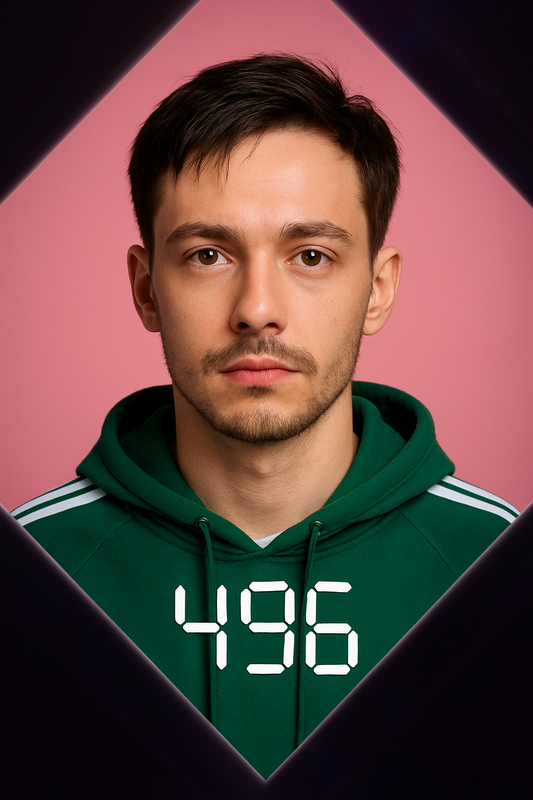 Man dressed as Squid Game player in green jacket holding number card, custom portrait from photo, vertical personalized gift