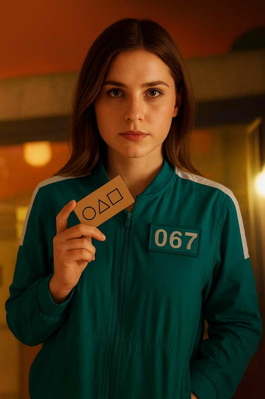 Squid Game woman player holding a card - custom portrait from photo in vertical style