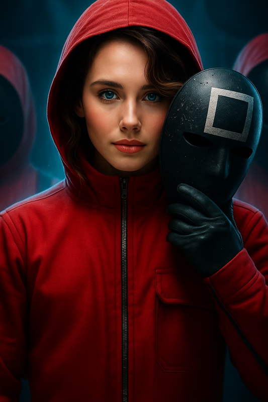 Squid Game woman in red guard outfit custom portrait from photo, vertical personalized illustration