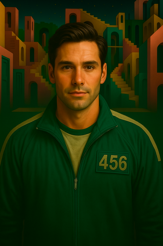Portrait of Squid Game Player 456 as a custom portrait from photo in a striking digital style, perfect gift for him.