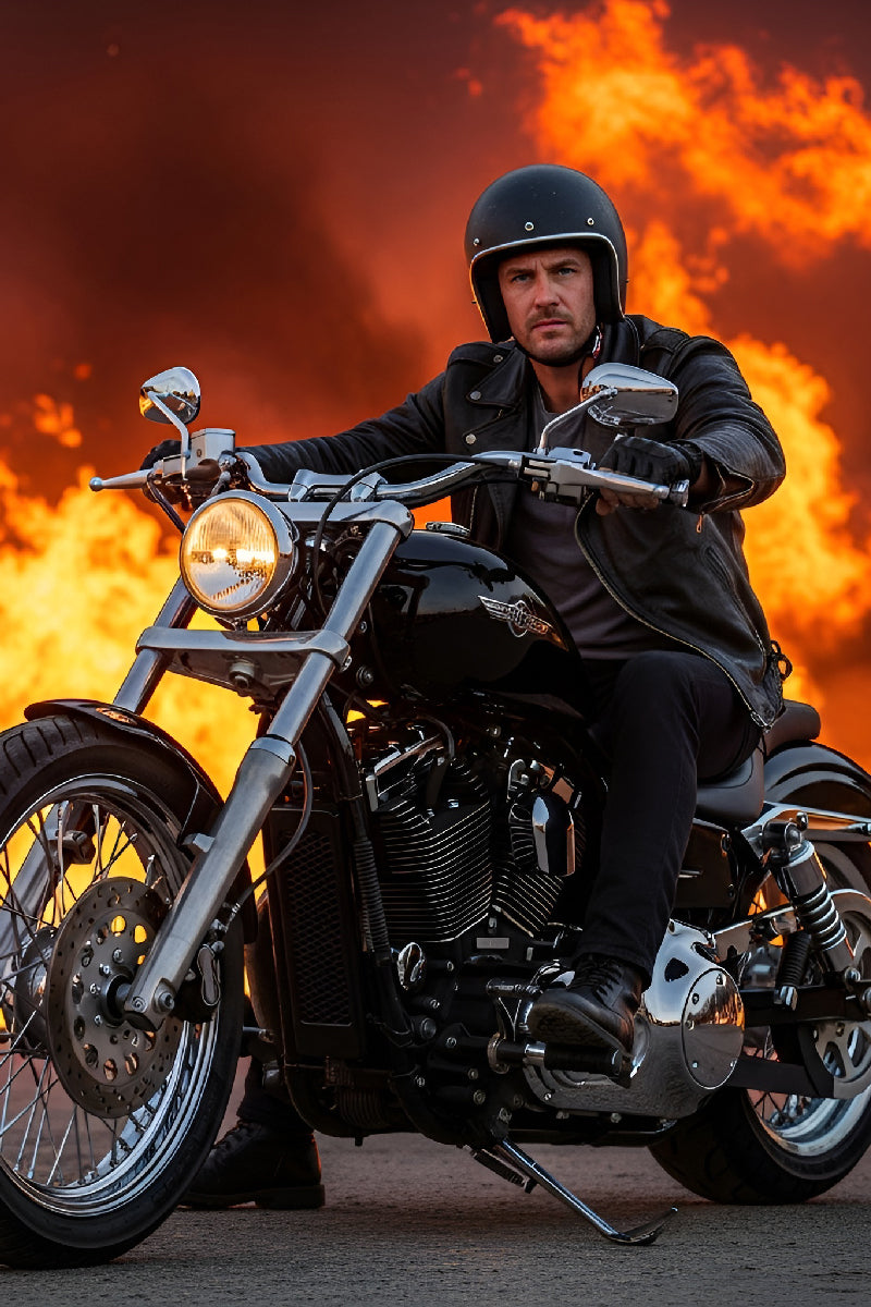 Biker portrait with flames, custom portrait from photo, vertical style, unique gift for him