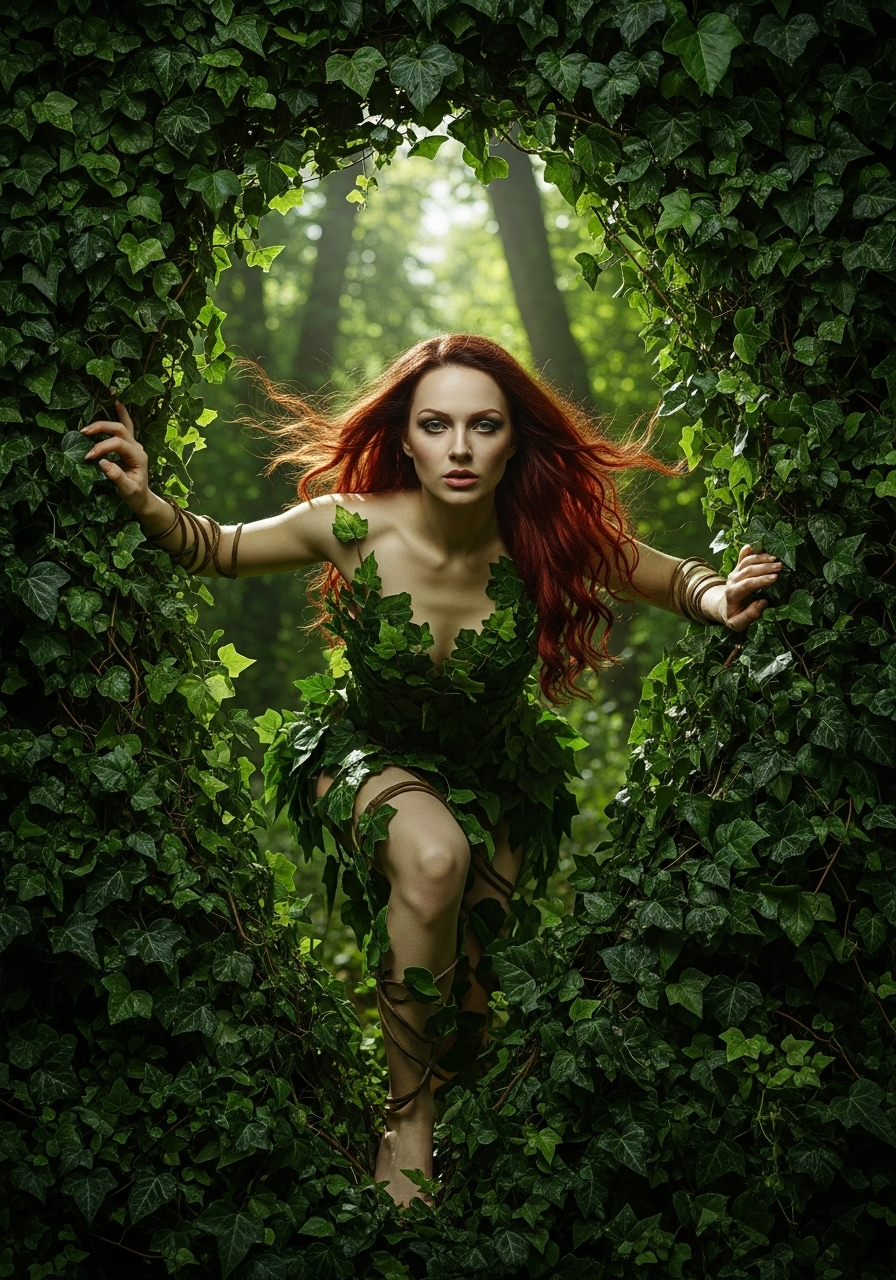 Poison Ivy themed custom portrait from photo in a lush ivy setting, perfect for personalized photo gifts