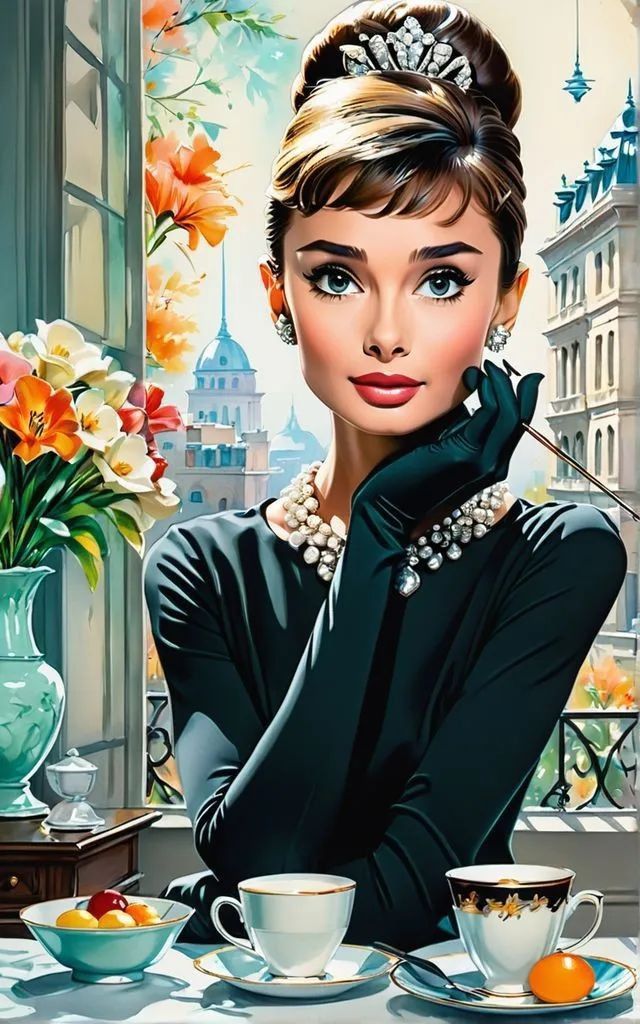 Audrey Hepburn-inspired portrait concept, custom portrait from photo, elegant style, vertical orientation