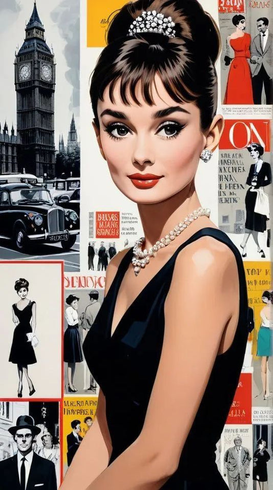 Elegant woman inspired by Audrey Hepburn, custom portrait from photo in classic vintage style