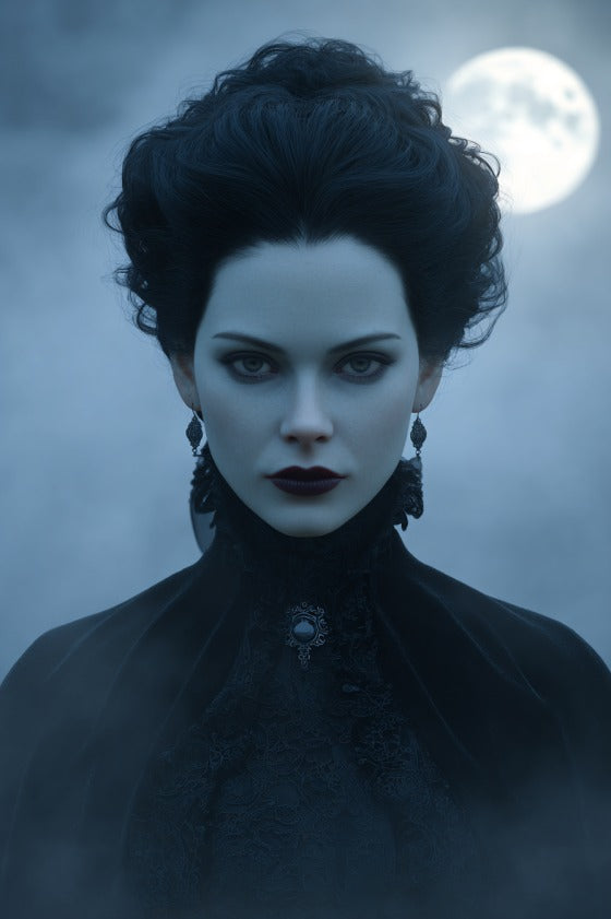 Midnight Muse Morticia-inspired custom portrait from photo, elegant style, personalized gift