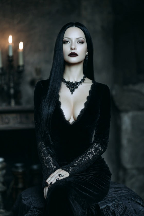 Mistress of Elegance Morticia-inspired custom portrait from photo in dark elegant style