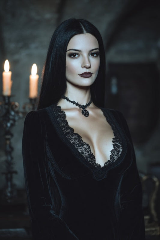 Gothic Enchantress Morticia-inspired custom portrait from photo, vertical style