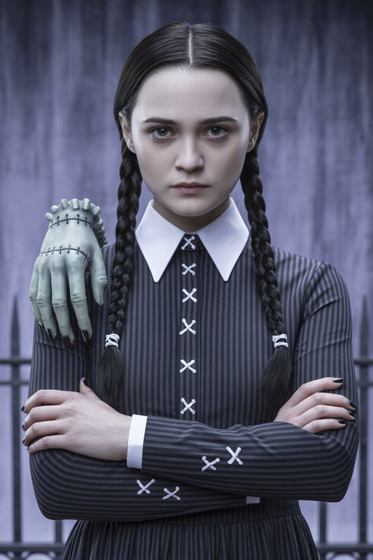 Spooky Wednesday-inspired custom portrait from photo in a gothic style, vertical orientation, personalized for her.