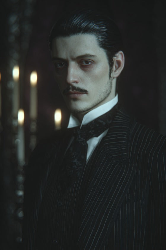 Gothic Gentleman Gomez-inspired custom portrait from photo in a dark, elegant style - vertical display.