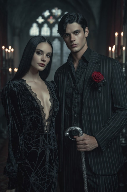 Dark romance Morticia & Gomez inspired couple portrait, custom portrait from photo in gothic style