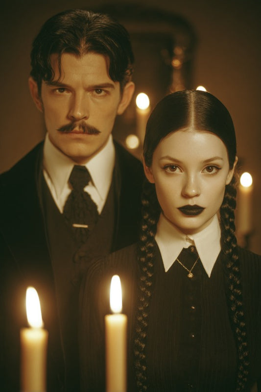 Dark Duo Wednesday couple-inspired custom portrait from photo, vertical format, unique style