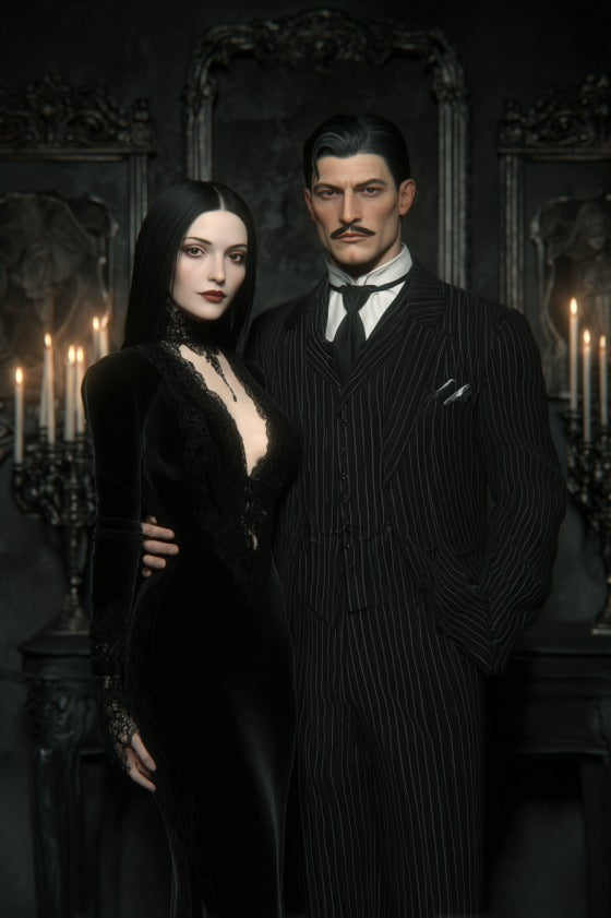 Lovers in the Dark Morticia & Gomez inspired custom portrait from photo, vertical style for couples