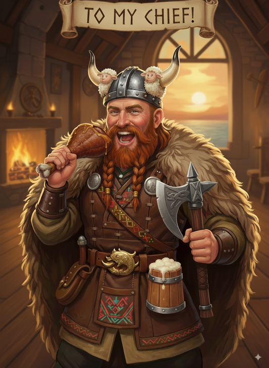 A Viking-themed custom portrait from a photo, featuring a warrior with horns and a cheerful expression, set in a rustic room style.