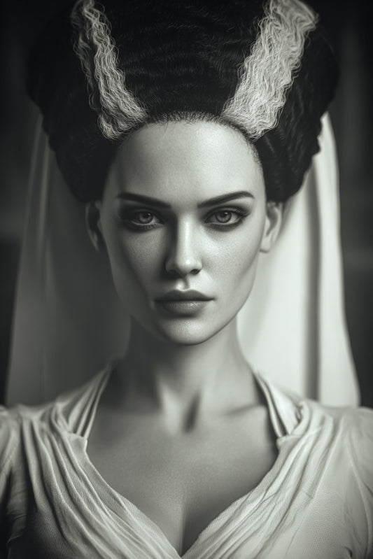 Bride of Frankenstein style custom portrait from photo in a dramatic and fantasy vertical canvas format