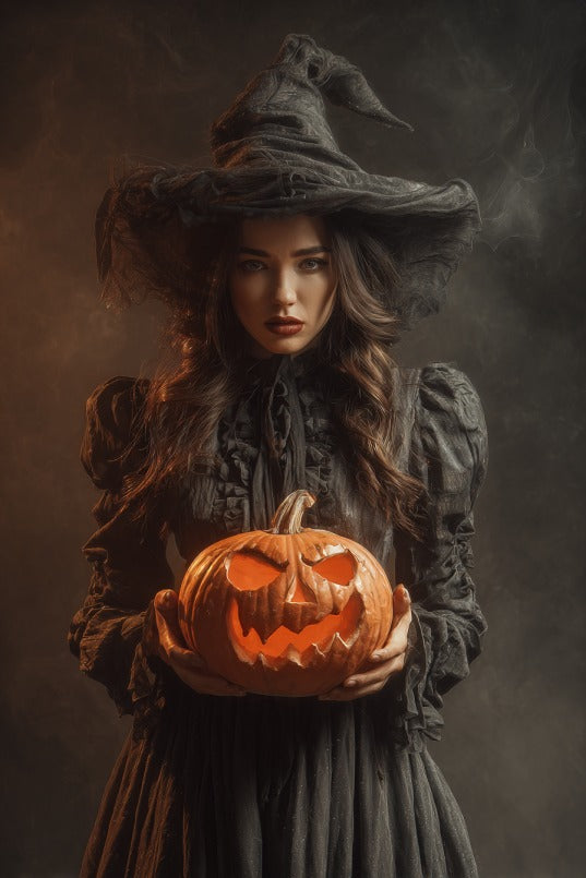 Witch with evil pumpkin custom portrait from photo, Halloween style, personalized gift for her