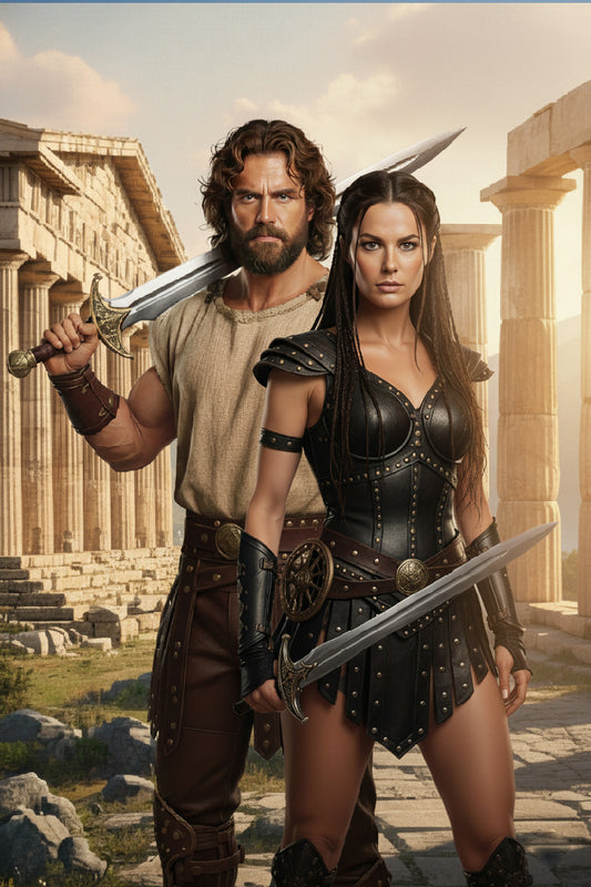 Hercules and Xenia themed custom portrait from photo, showing a unique and personal couple illustration in a vertical orientation