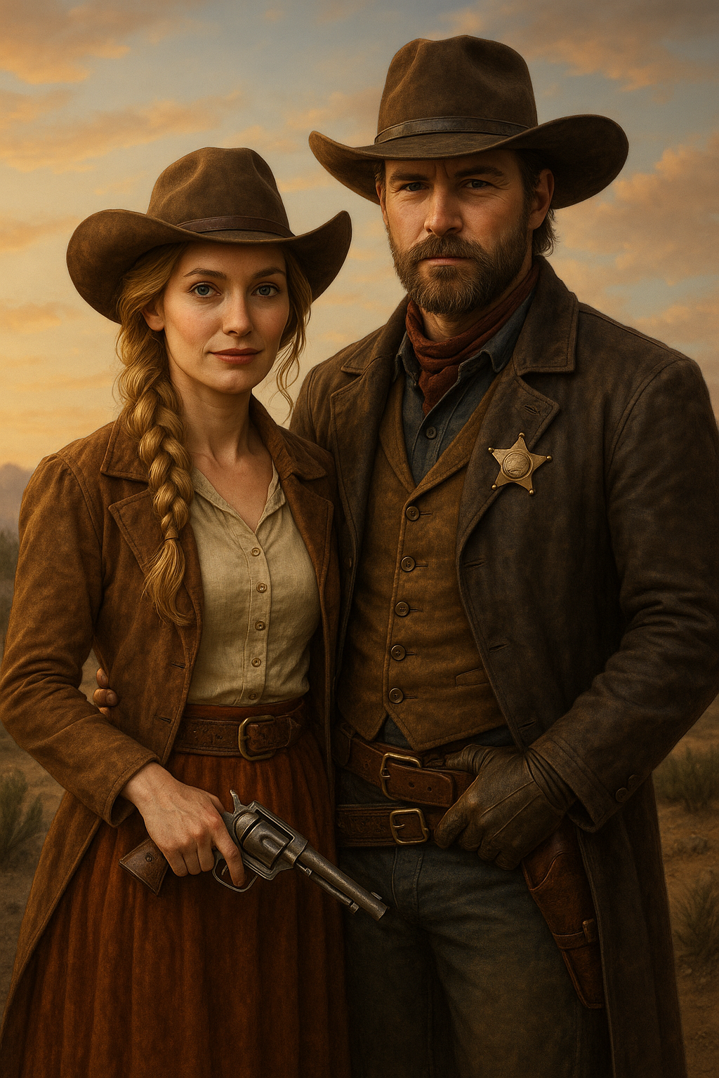 Couple dressed as cowboy and sheriff in custom portrait from photo, vertical orientation