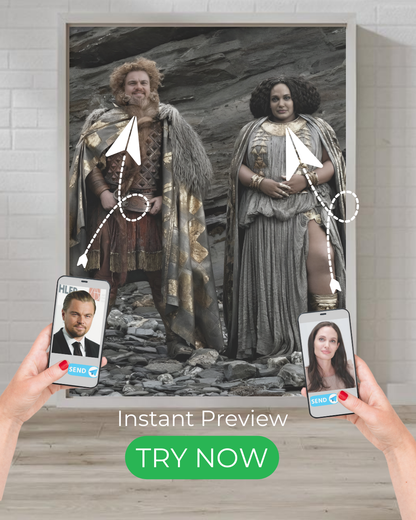 Custom portrait of two ancient warriors, transformed from customer photos into striking fantasy artwork, perfect for history lovers and collectors.