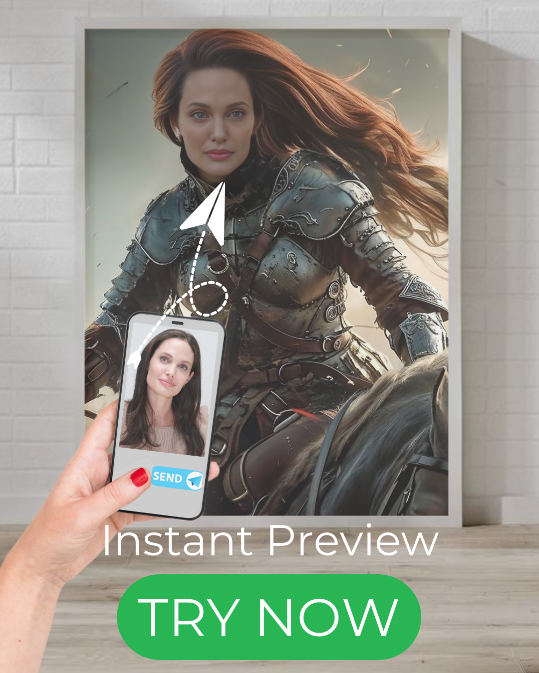 "custom portrait of a female medieval knight on horseback in full battle armor"