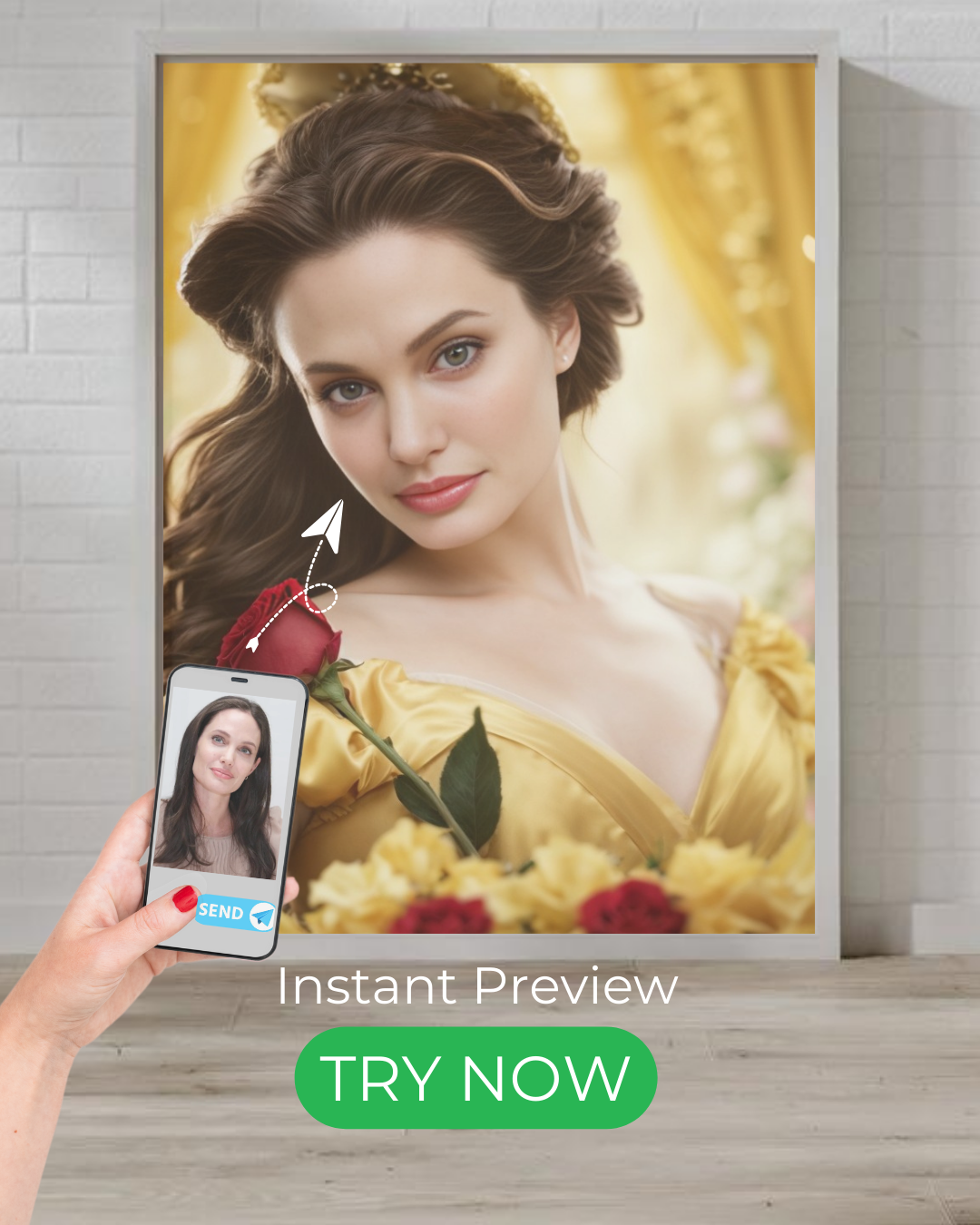 Custom royal portrait of a woman in an elegant gold gown, inspired by historical beauty and majestic charm.