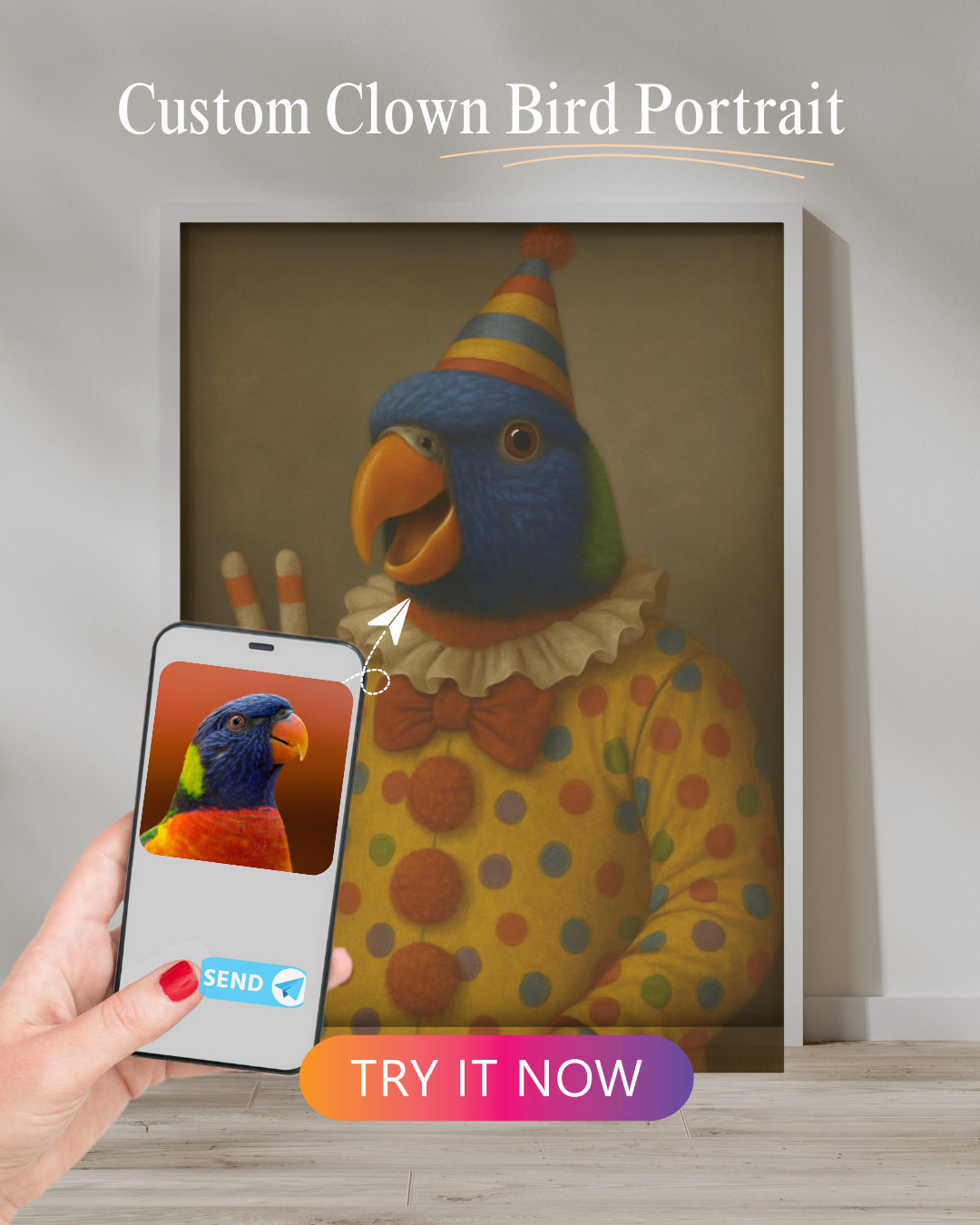 A vibrant rainbow lorikeet wearing a colorful clown costume and striped party hat, digitally transformed from a real bird photo held on a phone. The artwork is framed and placed against a neutral wall with a wooden floor.