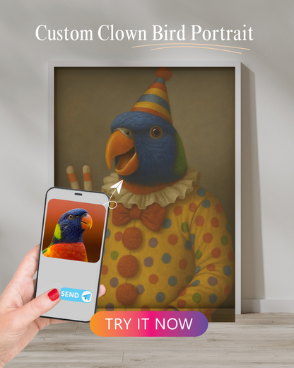 A vibrant rainbow lorikeet wearing a colorful clown costume and striped party hat, digitally transformed from a real bird photo held on a phone. The artwork is framed and placed against a neutral wall with a wooden floor.
