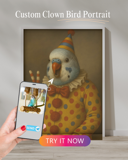 A light blue and white budgie turned into a cheerful clown with blue polka dots and a classic clown hat. A hand holds the bird’s original photo on a phone, highlighting the transformation.