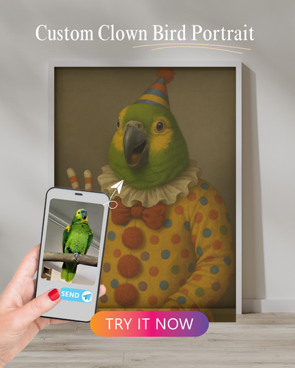 A green Amazon parrot illustrated as a classic clown with a red bow tie and colorful polka dots. The original photo on the smartphone matches the bird in the framed portrait behind.