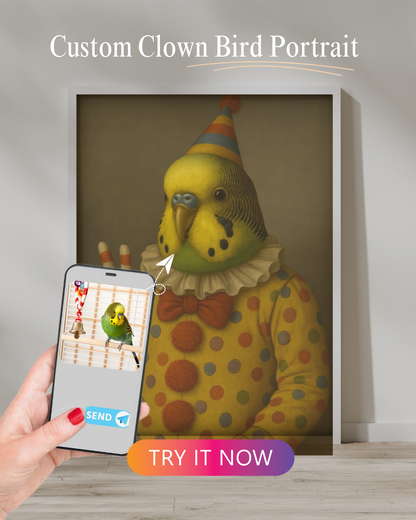 A bright yellow and green budgie dressed in a vintage clown outfit with a frilled collar and red bow tie. The transformation from a real bird photo is shown on a smartphone in the foreground.