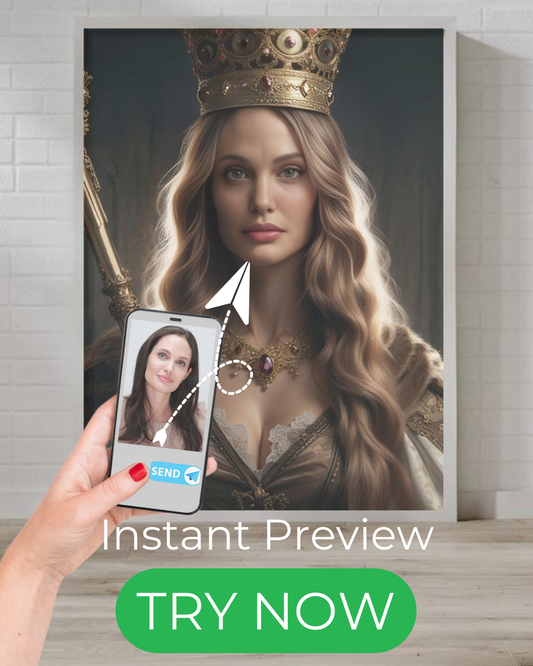 "Custom royal portrait of a woman in crown and regal dress holding scepter – elegant queen artwork from your photo"