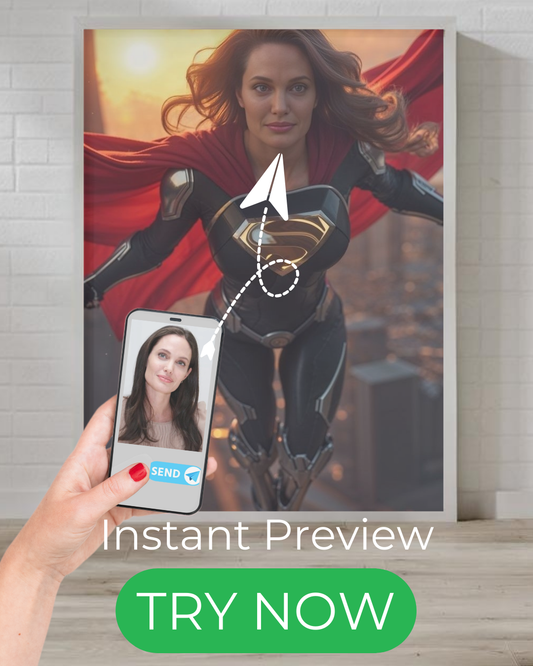 "custom superhero portrait flying over city skyline powerful female hero"
