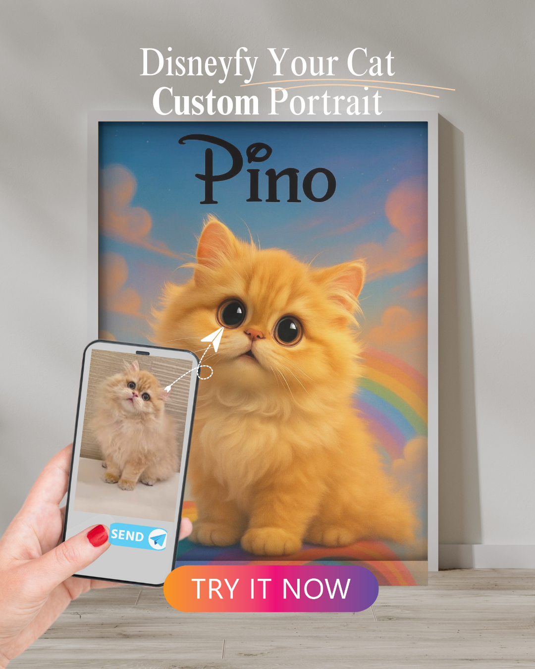 “Disney-style custom cat portrait named Pino with rainbow background – personalized pet illustration from photo”

