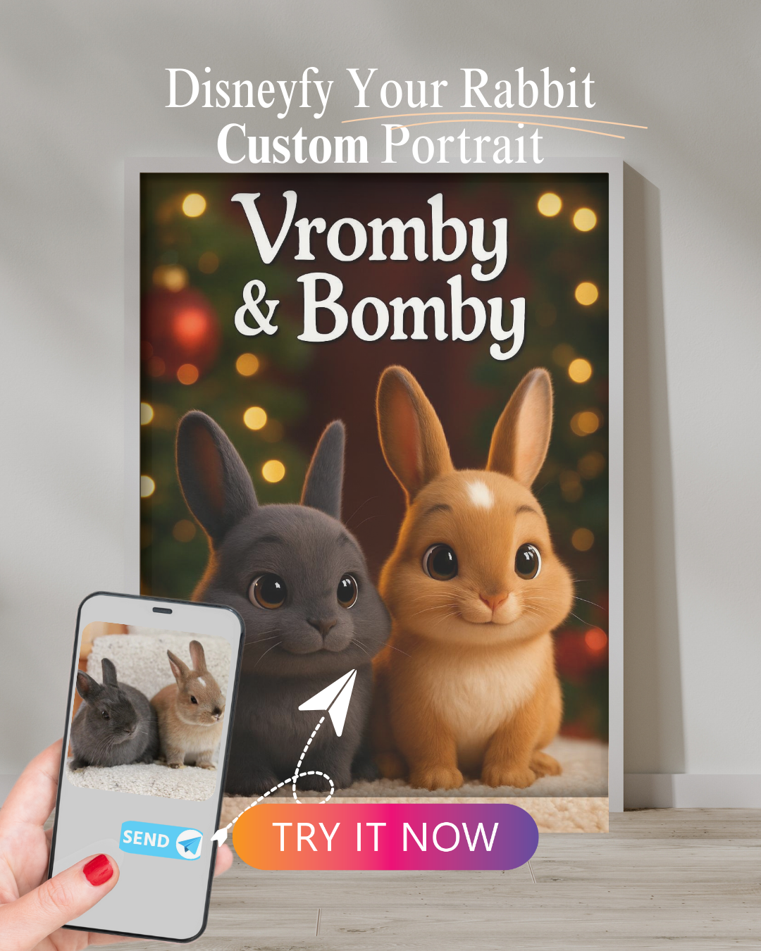 Disney-style custom portrait of two adorable rabbits named Vromby and Bomby, transformed from a real photo into a festive cartoon version with twinkling holiday lights in the background.








