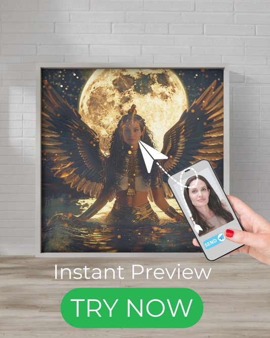 Custom celestial goddess portrait with moonlit golden wings, mystical Egyptian queen-inspired design, and personalized fantasy art transformation.