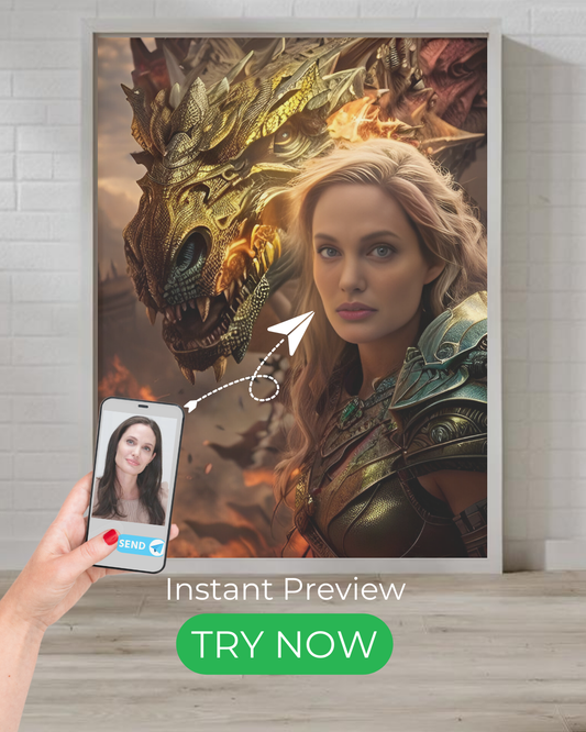 Custom fantasy dragon portrait featuring a warrior with a dragon in an epic setting.