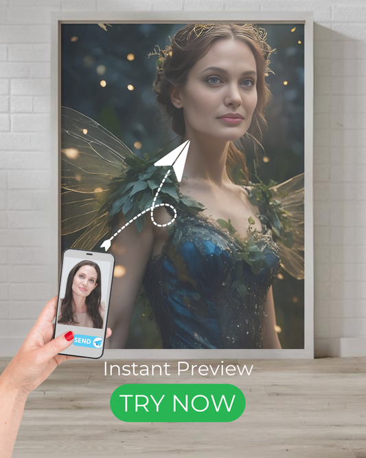 Custom fantasy portrait of a fairy queen with glowing wings, designed as an enchanting, personalized artwork for fantasy lovers and magical decor.
