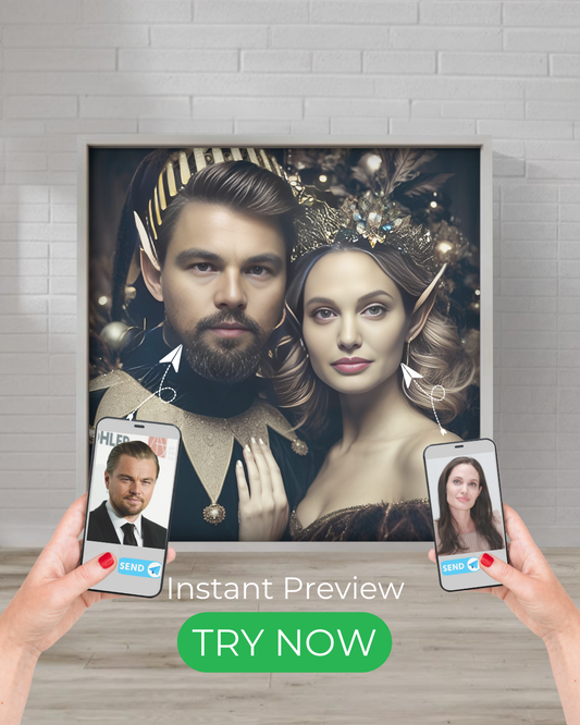 Custom portrait of a noble elf couple, fantasy royal theme, personalized digital painting with enchanted aristocratic elegance.