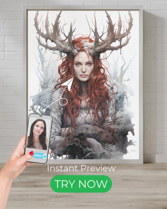 Custom fantasy portrait featuring an enchanting forest queen with antlers, mystical red hair, and ethereal winter elements.