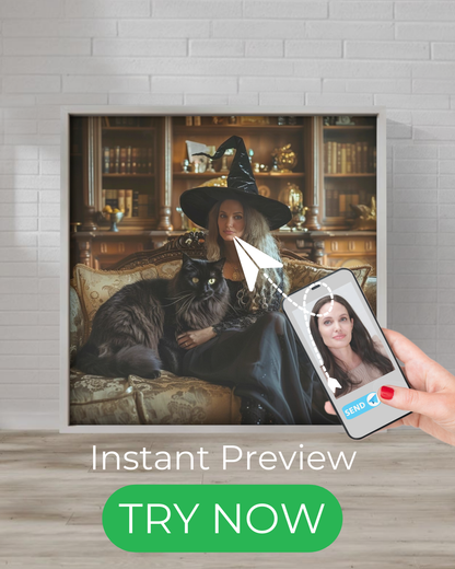 Custom witch portrait – mystical gothic artwork featuring enchanting witches, black cats & magical elements. Personalized fantasy art for gifts & home decor.