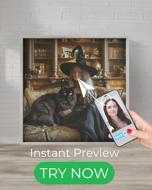 Custom witch portrait – mystical gothic artwork featuring enchanting witches, black cats & magical elements. Personalized fantasy art for gifts & home decor.