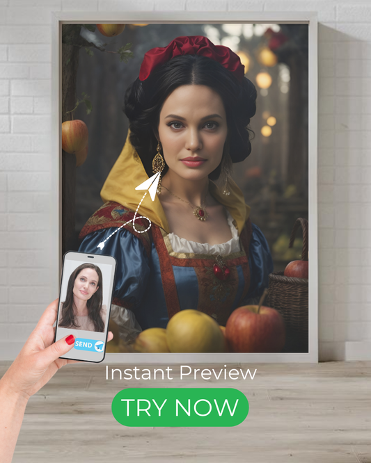 A custom fairy tale portrait featuring a person styled as a magical princess, wearing a royal dress, surrounded by enchanted apples and a whimsical forest.

